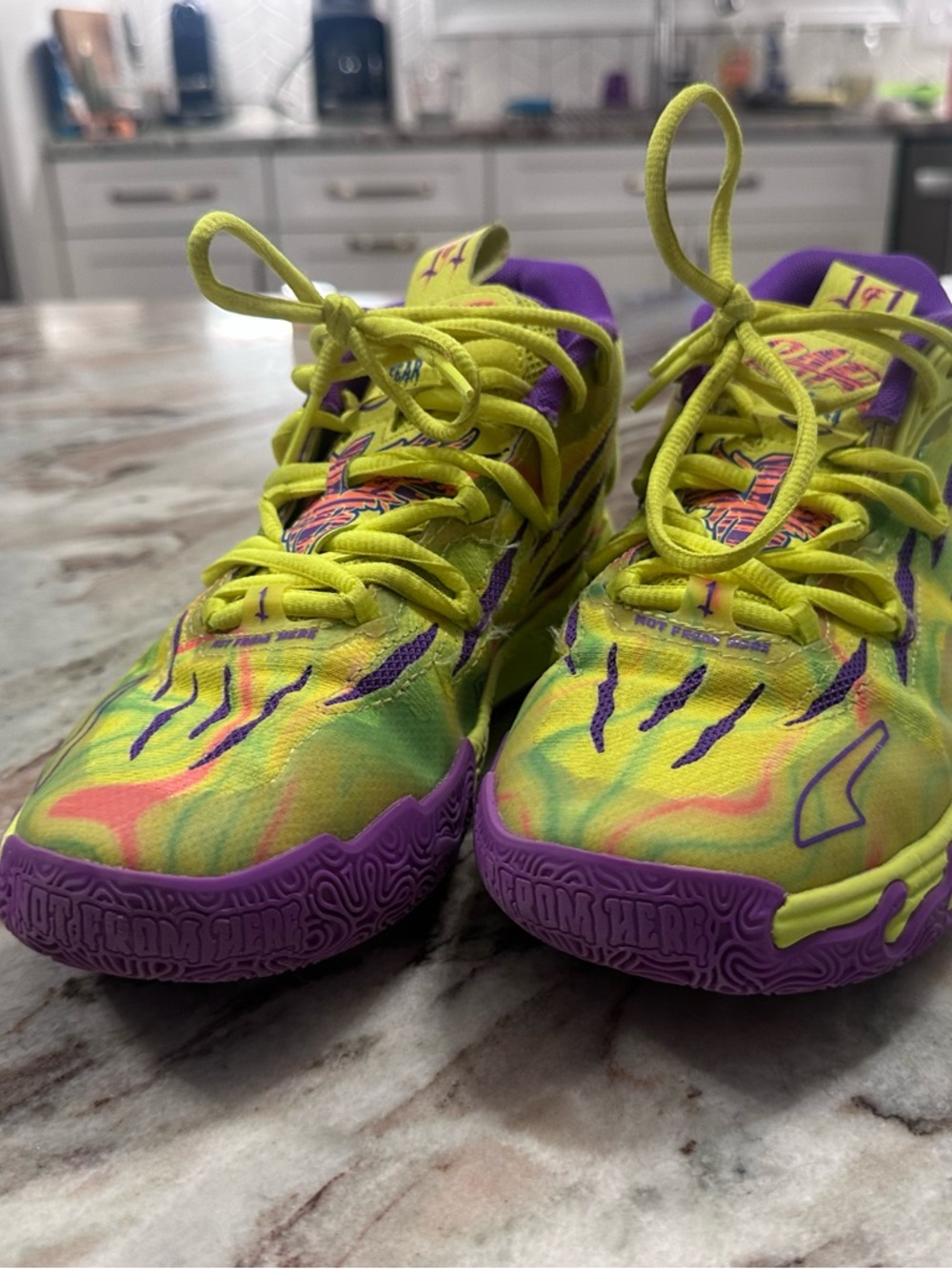Melo Basketball shoes. Kids Neon Yellow & Purple Athletic Sneakers
